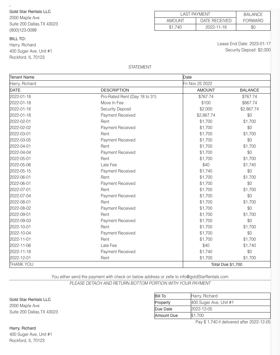 My e-Property Manager tenant invoice showing payment history