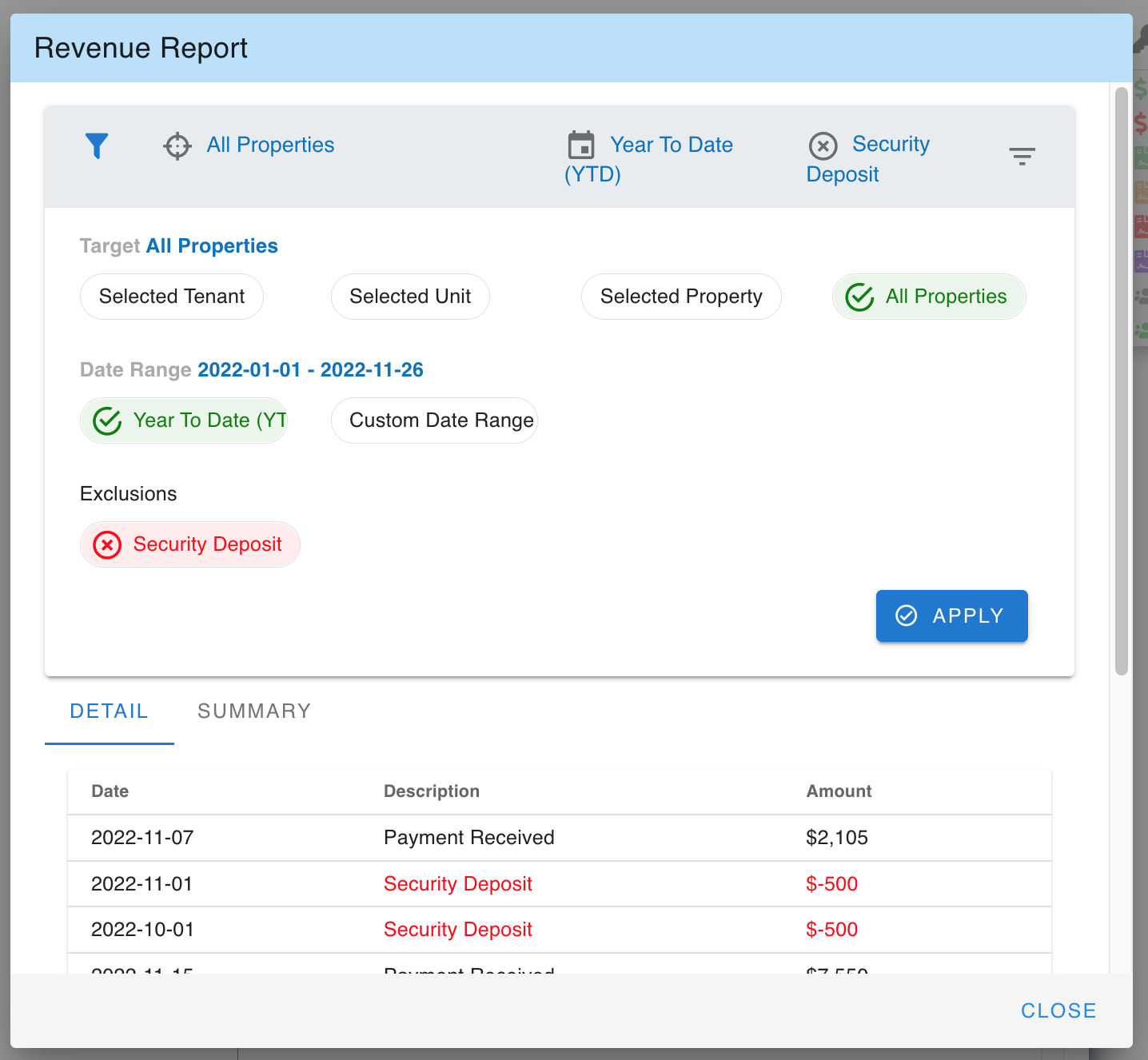 My e-Property Manager revenue report