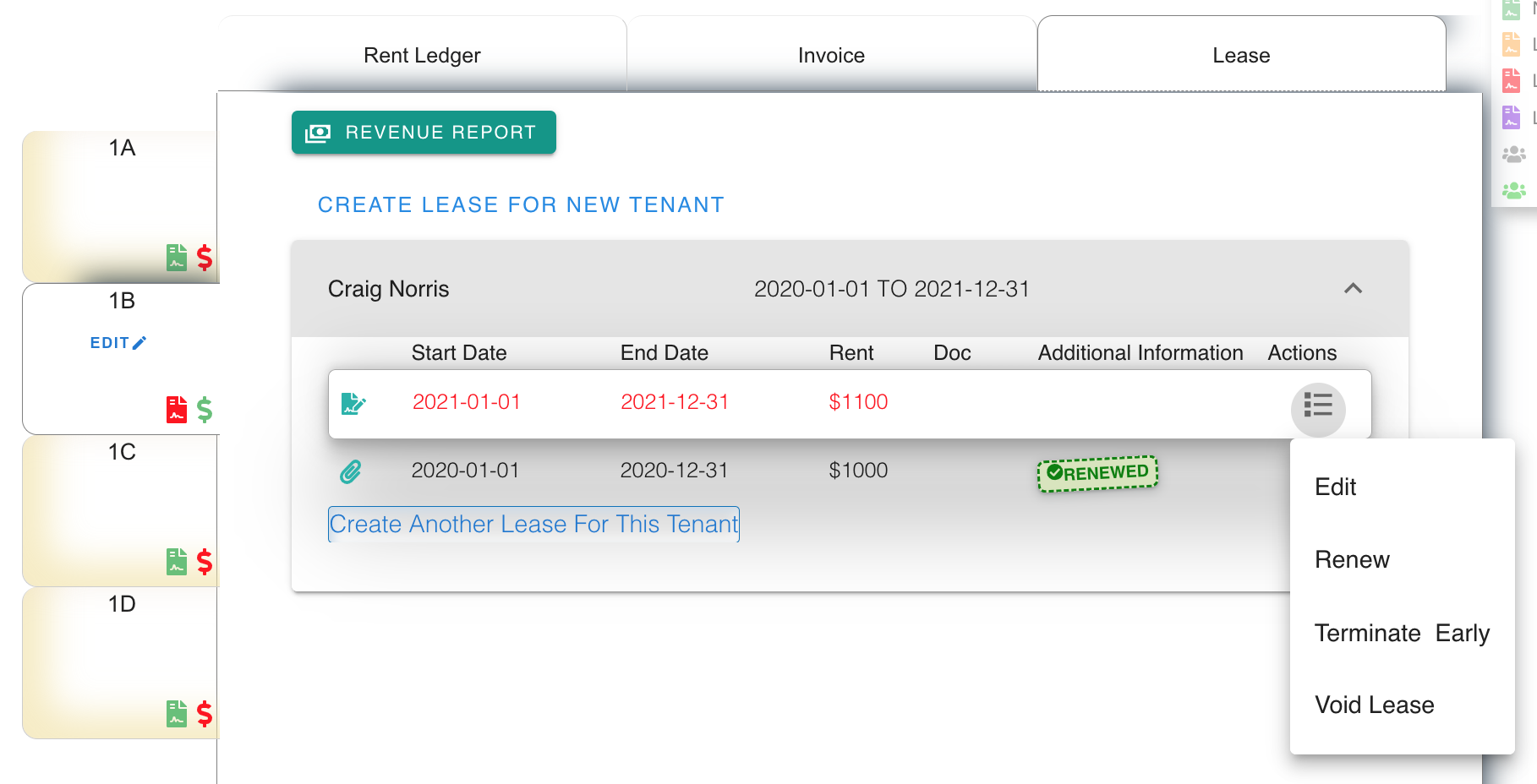 My e-Property Manager available actions on a lease