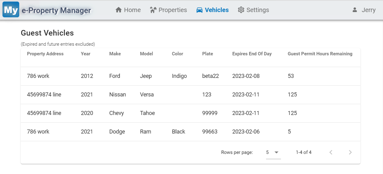 Parking lot registered tenant guest vehicle list