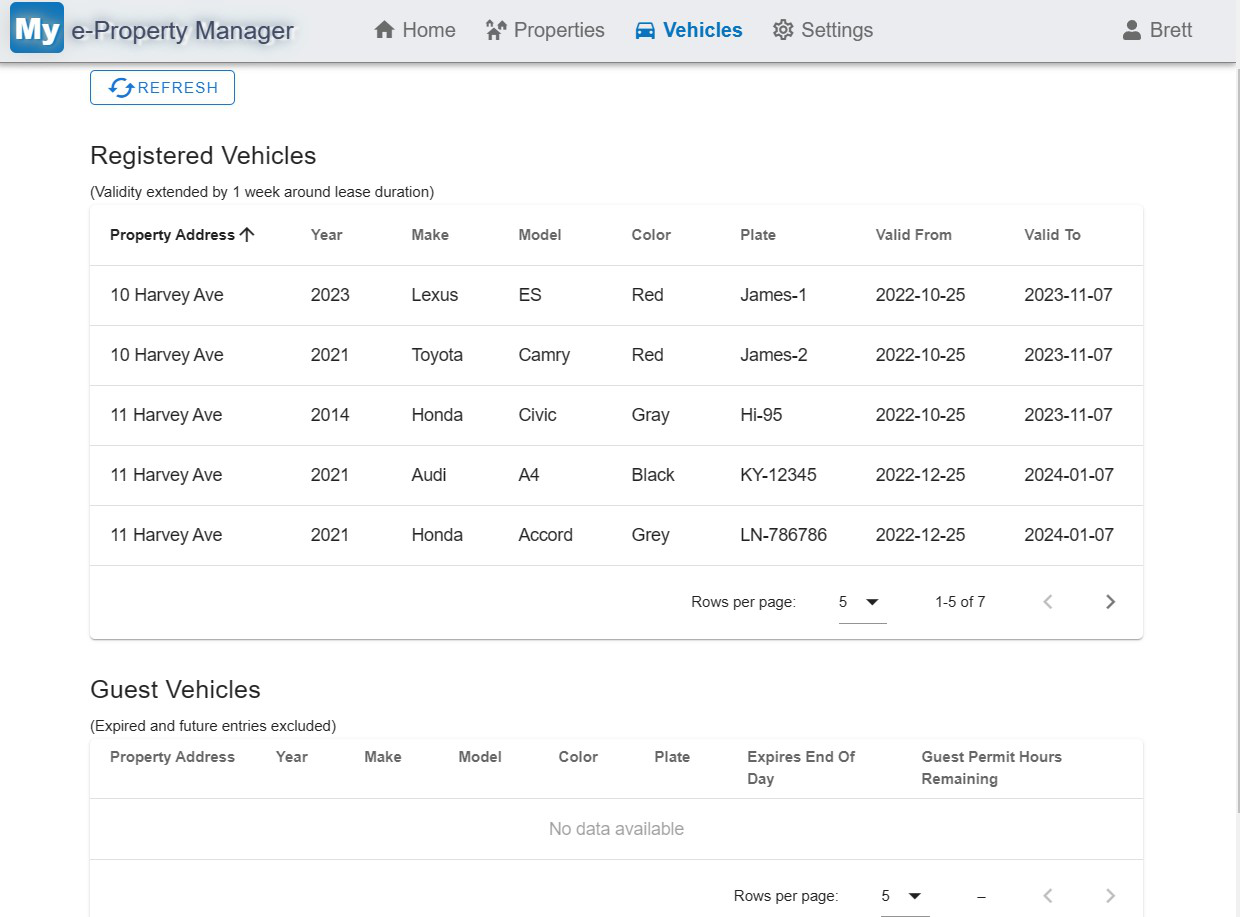 Parking lot registered tenant vehicle list