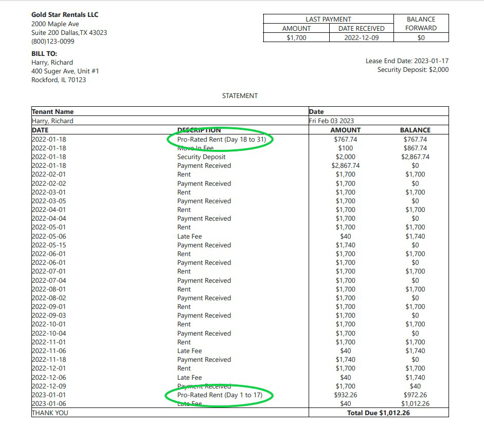 Prorated Rent