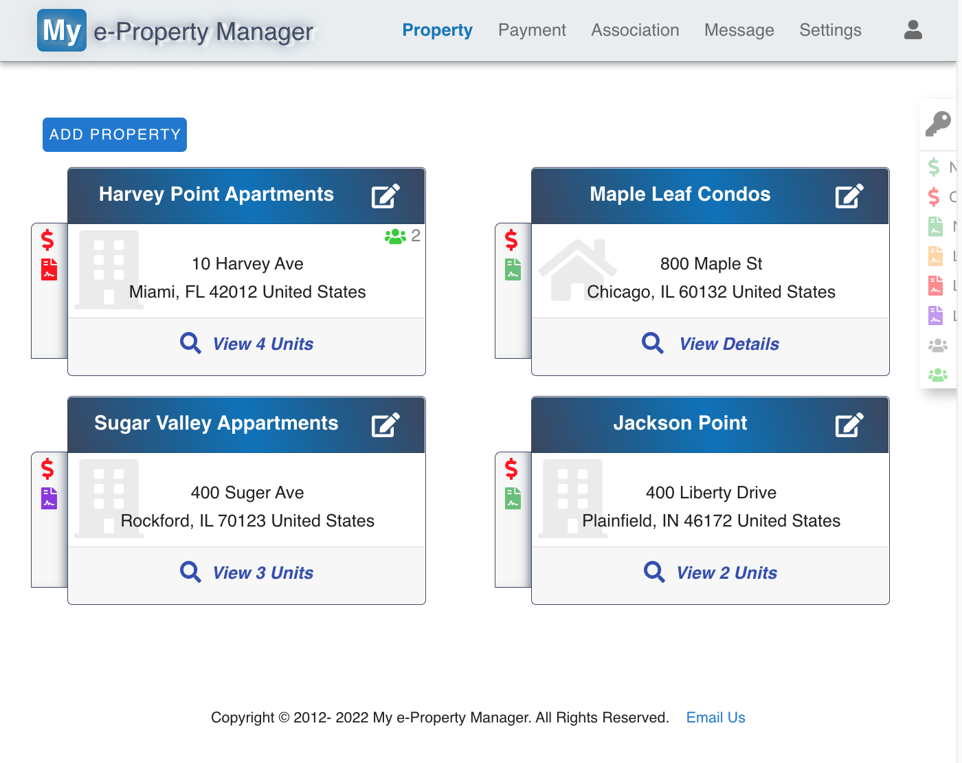 My e-Property Manager dashboard with color coded keys to help identify properties with outstanding balances, vacancies and more!